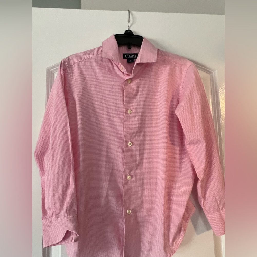 CHAPS Youth Boy's Button-down Long Sleeve Polo Shirt Pink Gingham Small 8